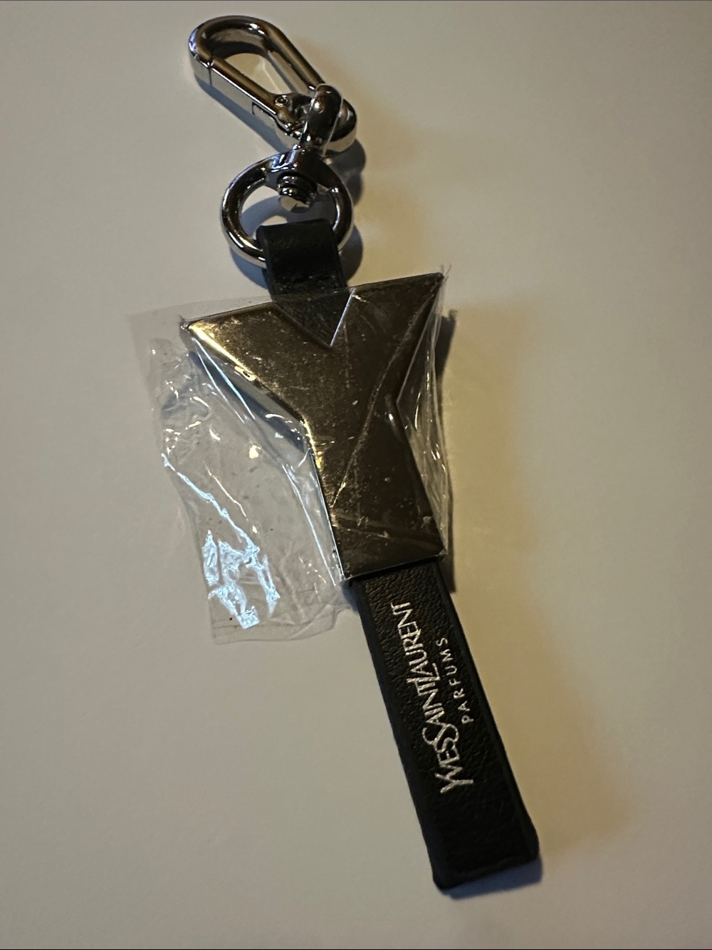 Yves Saint Laurent Perfumes Black Leather and Silver-Tone Y Charm Key Holder New